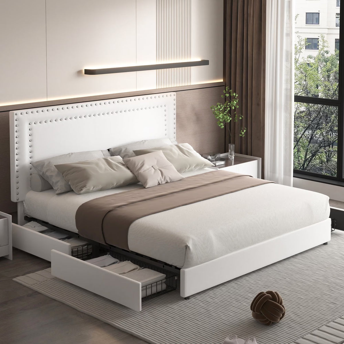 VECELO Full Bed Frame with 4 Storage Drawers (Wheeled) and Tufted Upholstered Adjustable Headboard Platform Bed, Beige