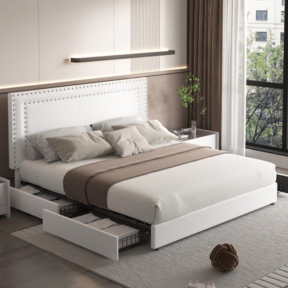 VECELO Full Bed Frame with 4 Storage Drawers (Wheeled) and Tufted Upholstered Adjustable Headboard Platform Bed, Beige
