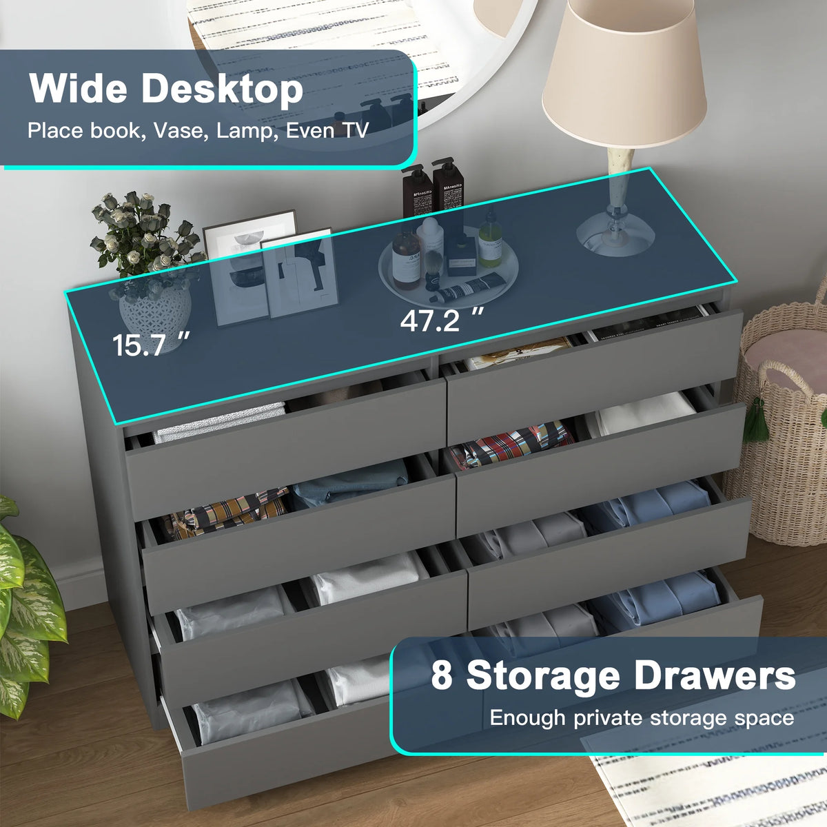 Resenkos Modern Mid Century 6 Drawer Wide Dressers Chests for Bedroom, Chest of Drawer Organizer Grey
