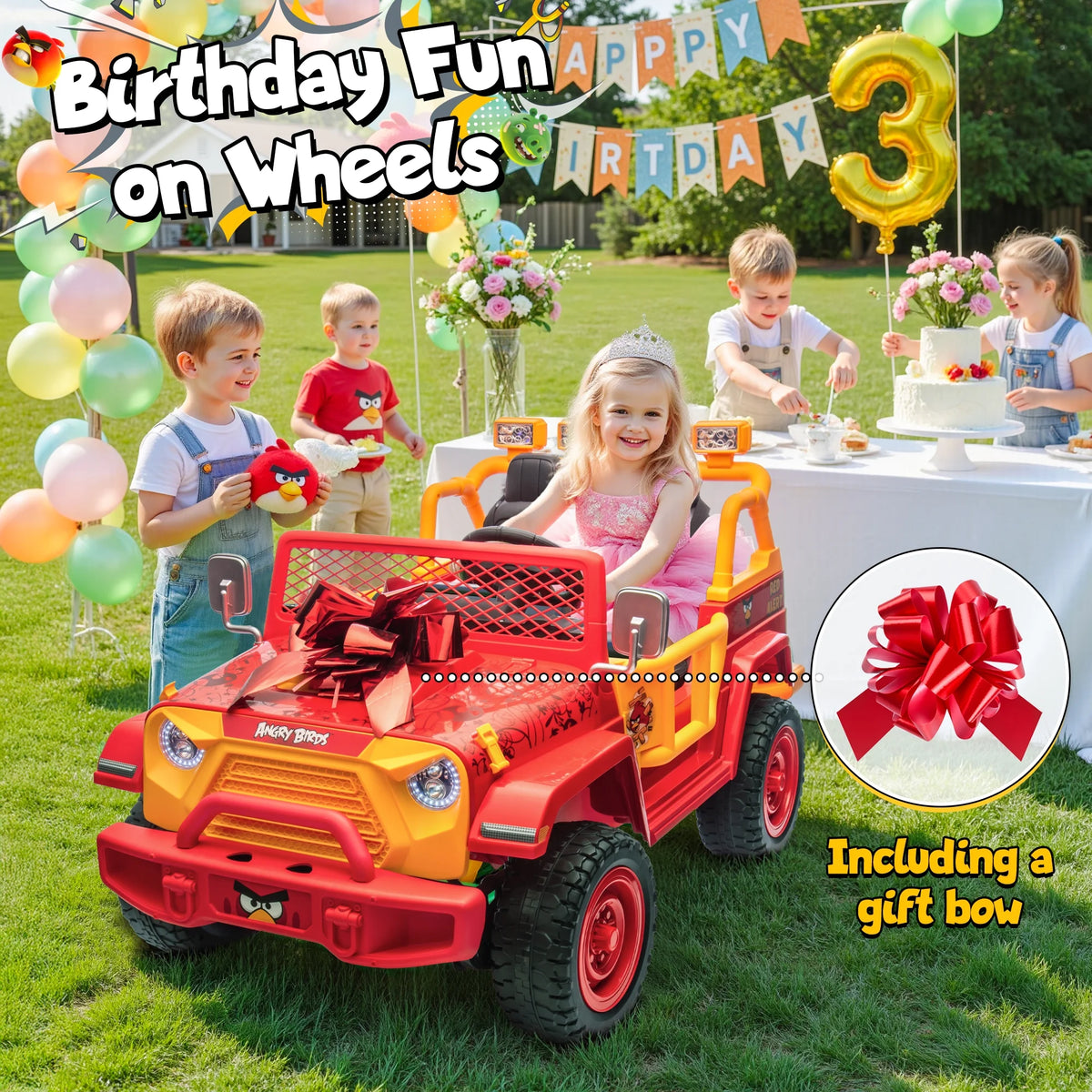 Joyracer 24 Volt Ride on Toys for Big Kids, Licensed Angry Birds Ride on Truck with Remote, 2 Seater 4WD Electric Ride ons with Shovel, Bluetooth, Lights, Power Car Wheels for 3-8, 130lbs, Green
