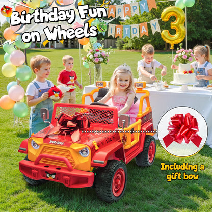 Joyracer 24 Volt Ride on Toys for Big Kids, Licensed Angry Birds Ride on Truck with Remote, 2 Seater 4WD Electric Ride ons with Shovel, Bluetooth, Lights, Power Car Wheels for 3-8, 130lbs, Green