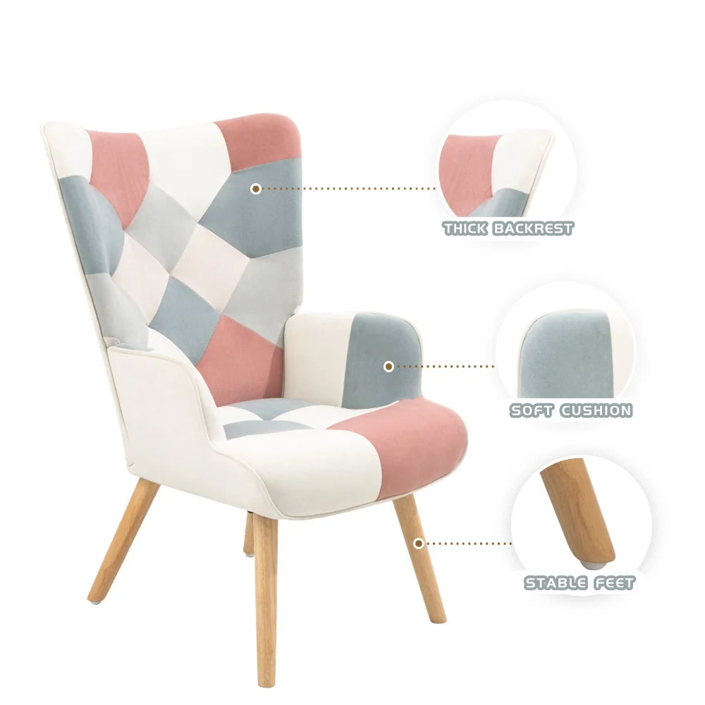 Modern Accent Chair with Solid Wood Legs and High Wing Backrest, Side Chair Set with Ottoman, Comfy Side Armchair for Living Room, Reading Room, Bedroom, Colorful Patchwork