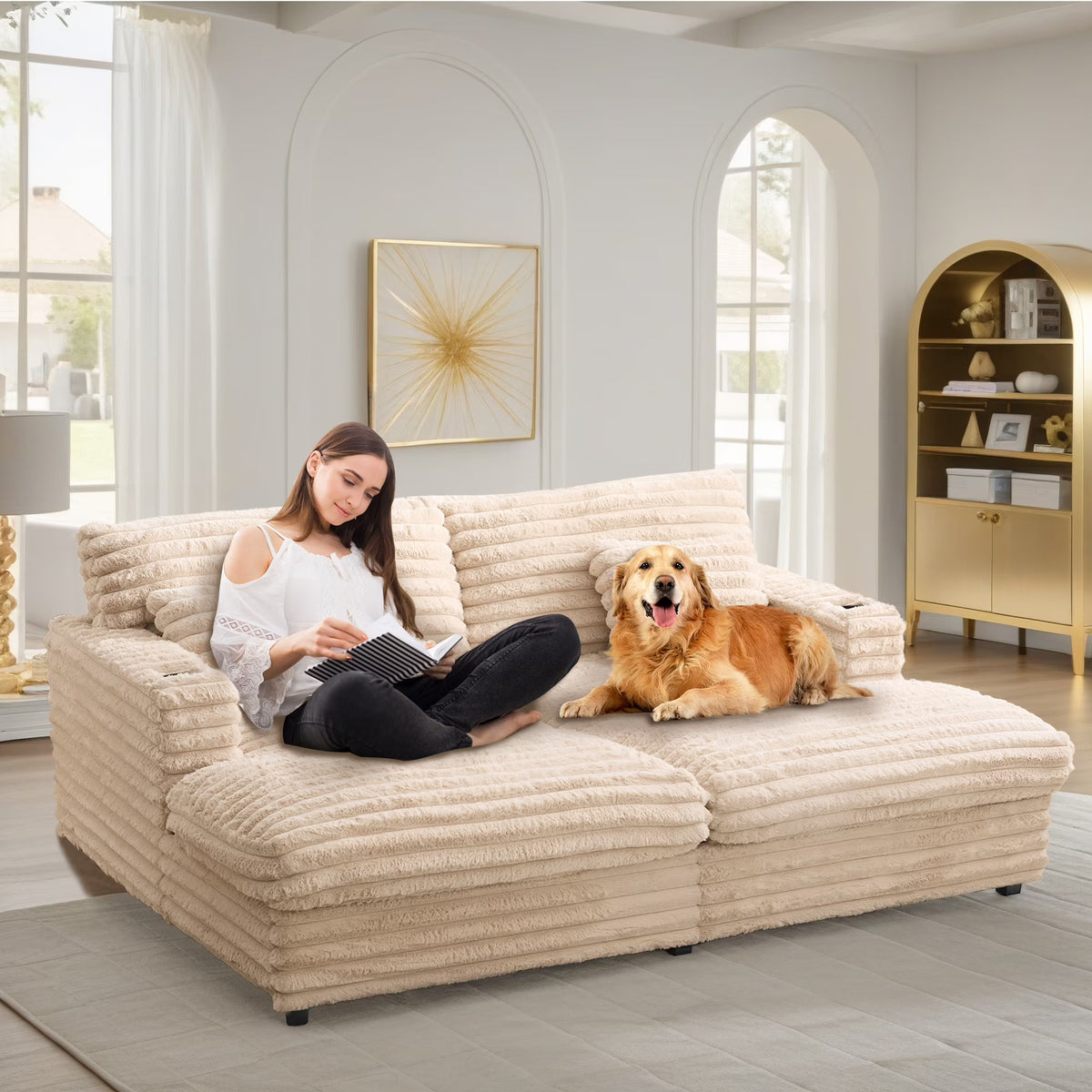 Oversized Double Chaise Lounge, Faux Fur Upholstered Deep Seat Sofa with 2 Pillows, 2 Cupholders, and Dual USB Ports