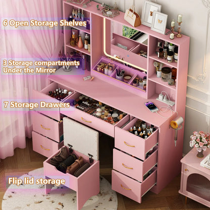 47" Large Vanity Desk with Lighted Mirror & Charging Station, Black Makeup Vanity with 7 Drawers & 6 Shelves, Vanity Set with Cushioned Stool