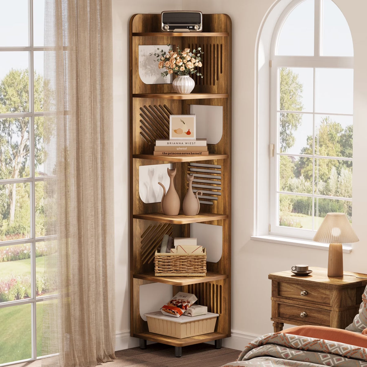 Fnova 71" 6-Tier Tall Corner Bookshelf, Rustic Wooden Narrow Corner Bookcase with Artistic Square Rack, Freestanding Display Storage Shelf for Space-Saving Home Organizing