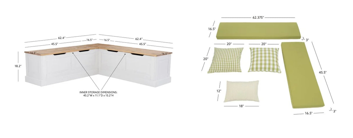Linon Romero Backless Corner Nook with Storage, 5-Piece Cushion Set, Natural/White/Beige