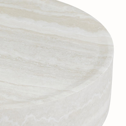 31.49'' Round Coffee Table with Marble Texture, Modern Low Drum Circle Fiberglass Coffee Table, Side Table Accent Table for Living Room, Outdoor, No Need Assembly, Marble