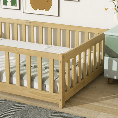 Miniyam Wooden Twin Size Floor Bed with Safety Fence for Kids, Natural