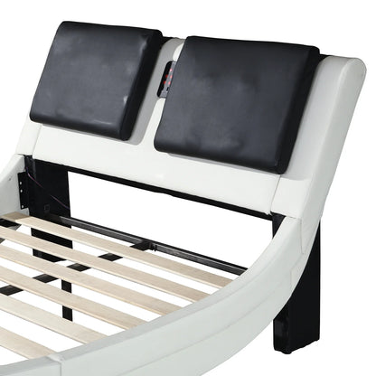 OYang King Size Platform Bed Frame wth LED Light And USB Charging Ports Headboard, Wave-Like Curve Backrest Vibration Massage Upholstered Faux Leather Bed for Home