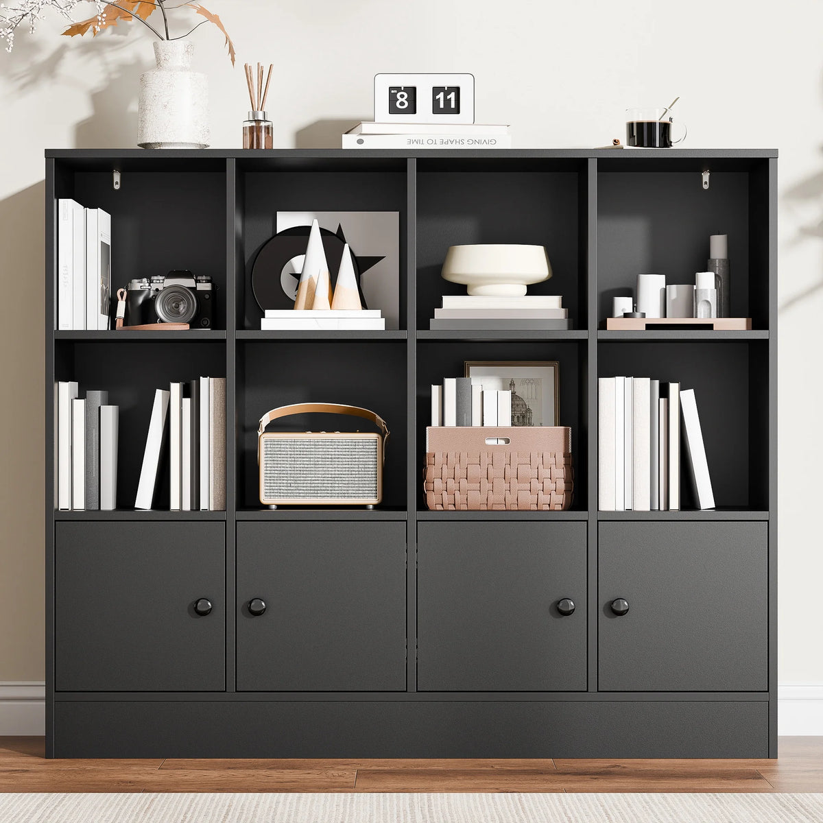 Cozy Castle 3-Tier Open Cube Bookcase with 12 Cubes and 4 Doors, Adjustable Shelves, White