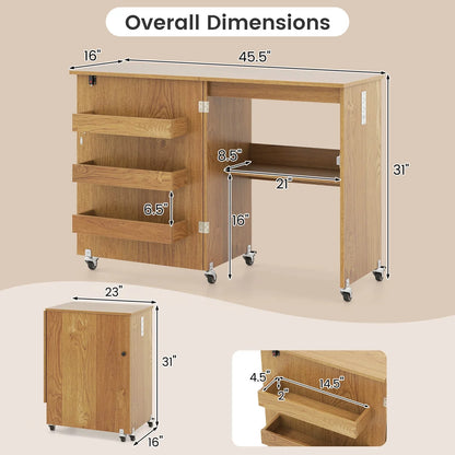 Costway Folding Sewing Table Rolling Craft Station with 3 Storage Bins & Charging Station Natural