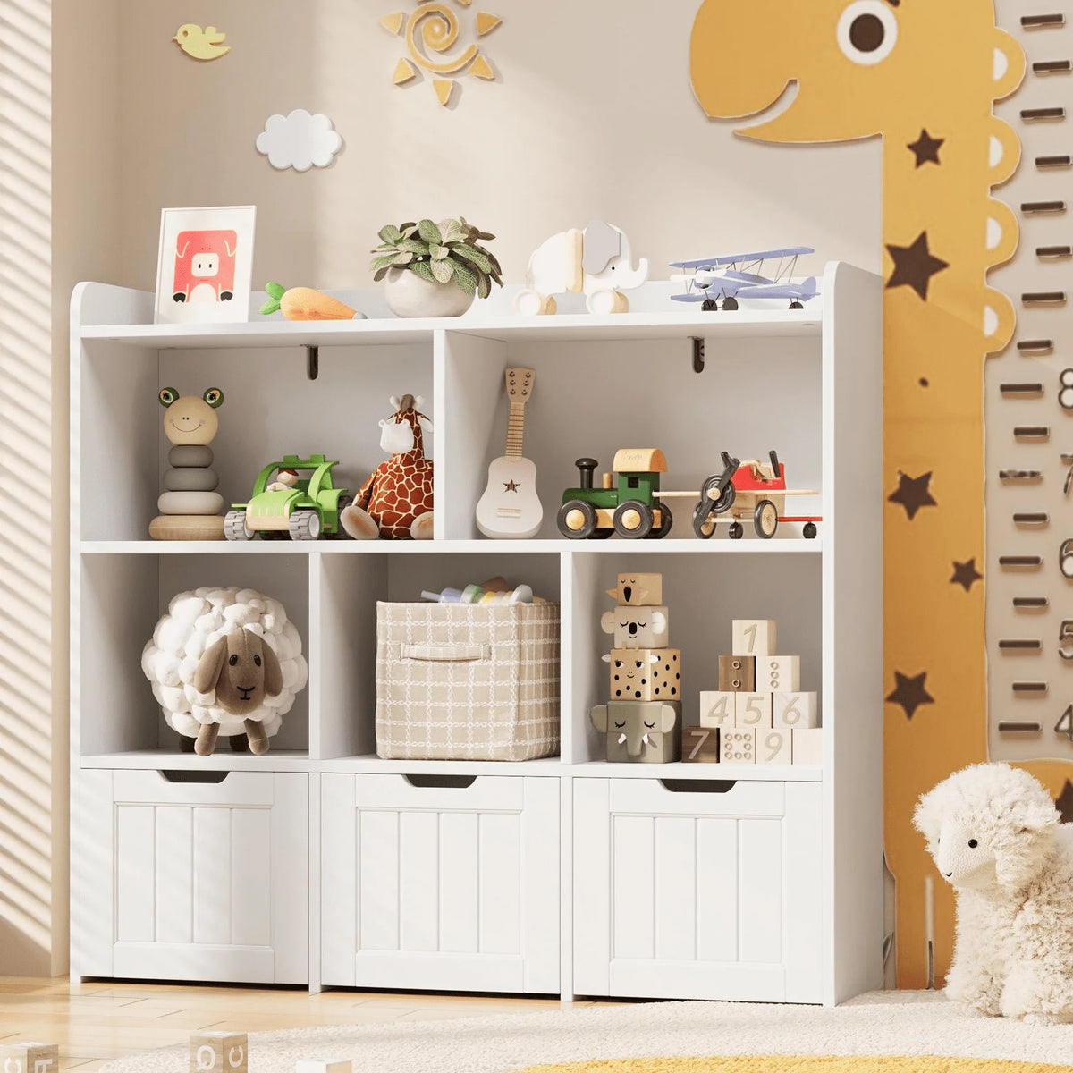 Toy Storage Organizer, Lofka Kids Bookcase with 3 Drawers & 6 Shelves for Nursery, Kids' Bedroom, White
