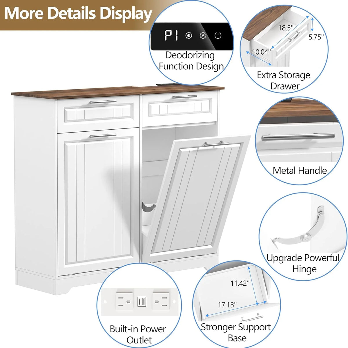 Single 10 Gallon Tilt Out Trash Can Cabinet with Deodorizing Function, Wooden Hidden Garbage Can Holder with Storage Drawers for Kitchen and Dining Room, Laundry Hamper Cabinet for Bathroom, Blue