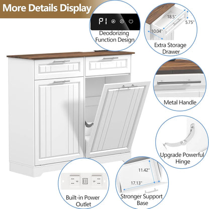 Single 10 Gallon Tilt Out Trash Can Cabinet with Deodorizing Function, Wooden Hidden Garbage Can Holder with Storage Drawers for Kitchen and Dining Room, Laundry Hamper Cabinet for Bathroom, Blue
