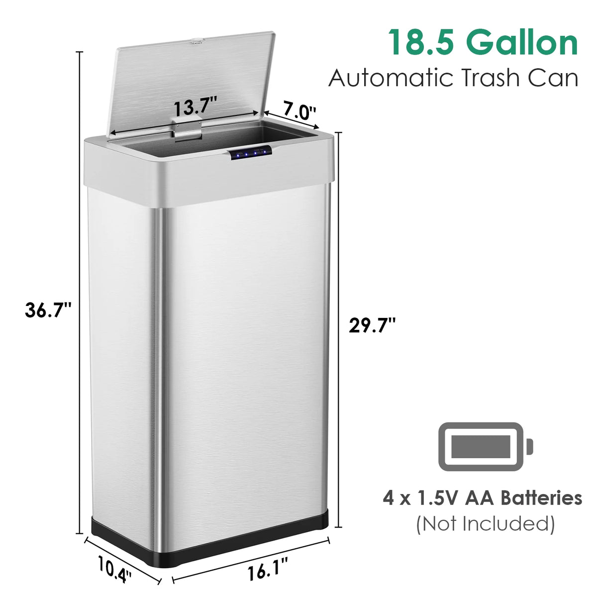 LAZY BUDDY 60 Liter / 16 Gallon Stainless Steel Motion Sensor Trash Can for Kitchen, Bathroom, Rectangular
