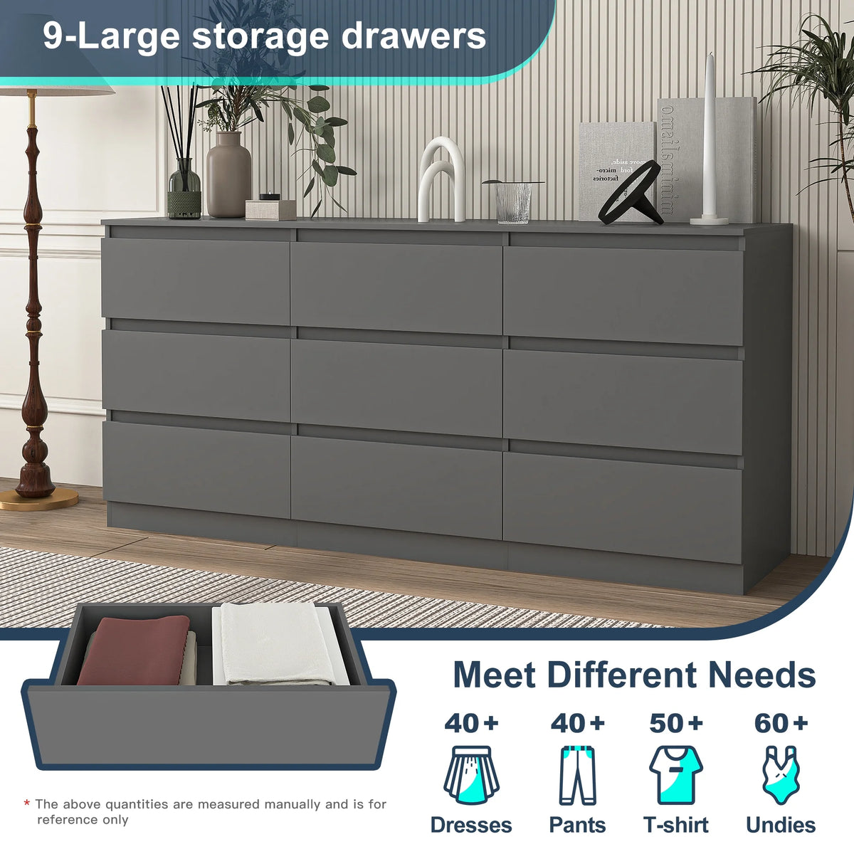 Resenkos Modern Mid Century 6 Drawer Wide Dressers Chests for Bedroom, Chest of Drawer Organizer Grey