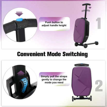 Advwin Scooter Luggage for Kids & Adults, Hardside Ride on Suitcase for Kids Ages 4-15 Multifunctional Lightweight Foldable Carry on Luggage with Wheels Ride on for Children Teenagers, Pink