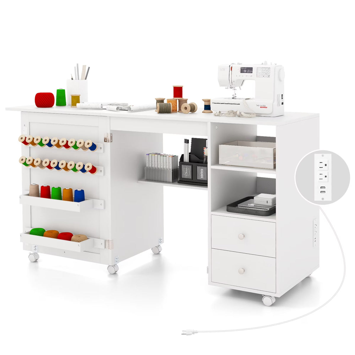 Costway Folding Sewing Table Charging Station Multifunctional Sewing Machine Cart Table