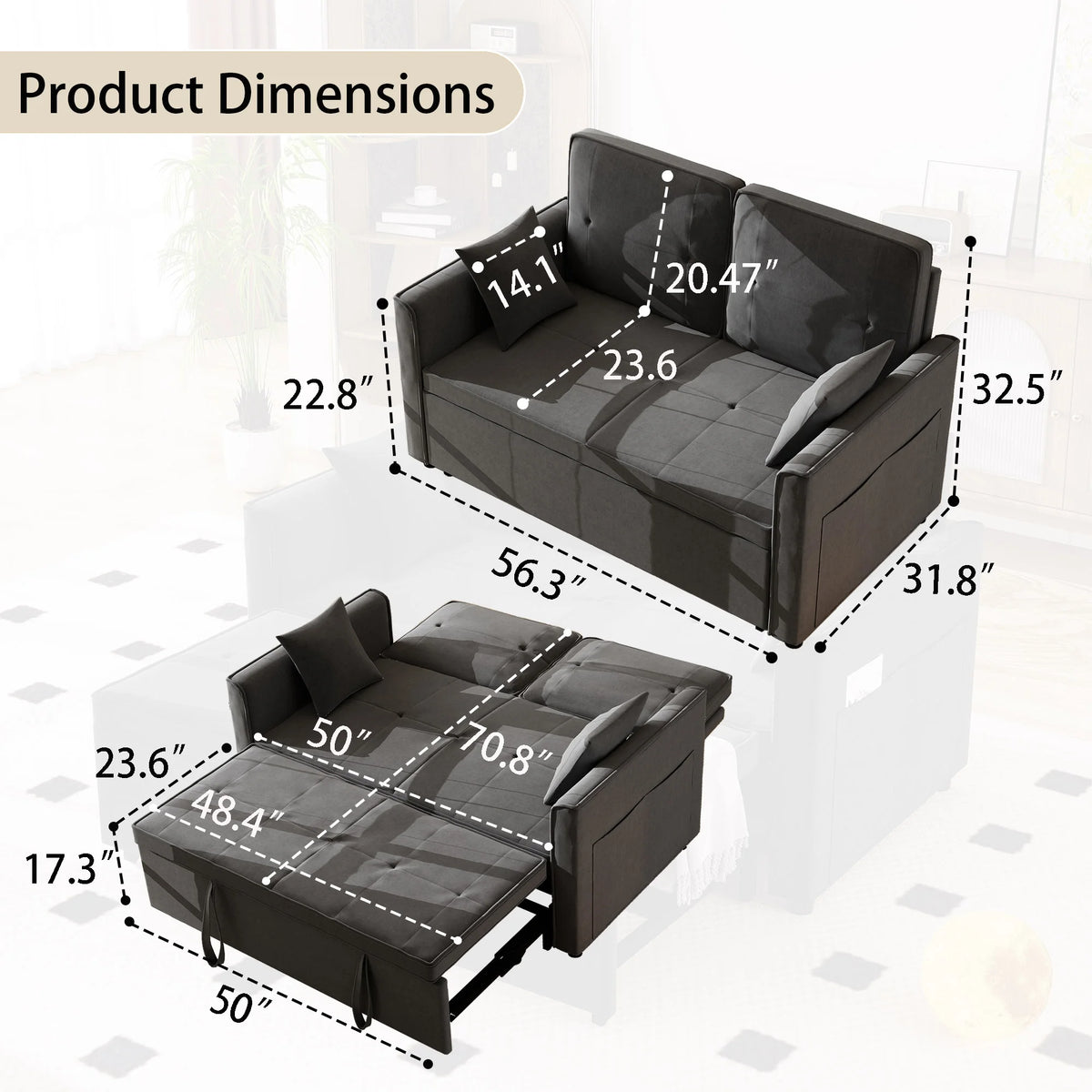 Convertible Sofa Bed,3-in-1 Sleeper Sofa with Pull Out Bed,Sleeper Futon Couch Loveseat with Adjsutable Backrest and Pillows for Living Room,Gray