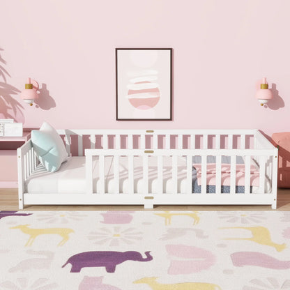 Miniyam Wooden Twin Size Floor Bed with Safety Fence for Kids, Natural