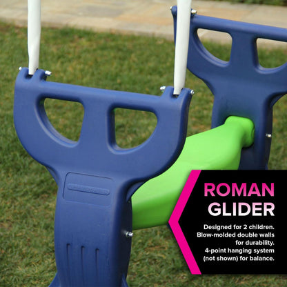 Sportspower Outdoor Rosemead Metal Swing Set with Roman Glider. Saucer. 6.5′ Slide with Lifetime Warranty. and Bonus Anchor Kit. Great for Kids Aged 3-8