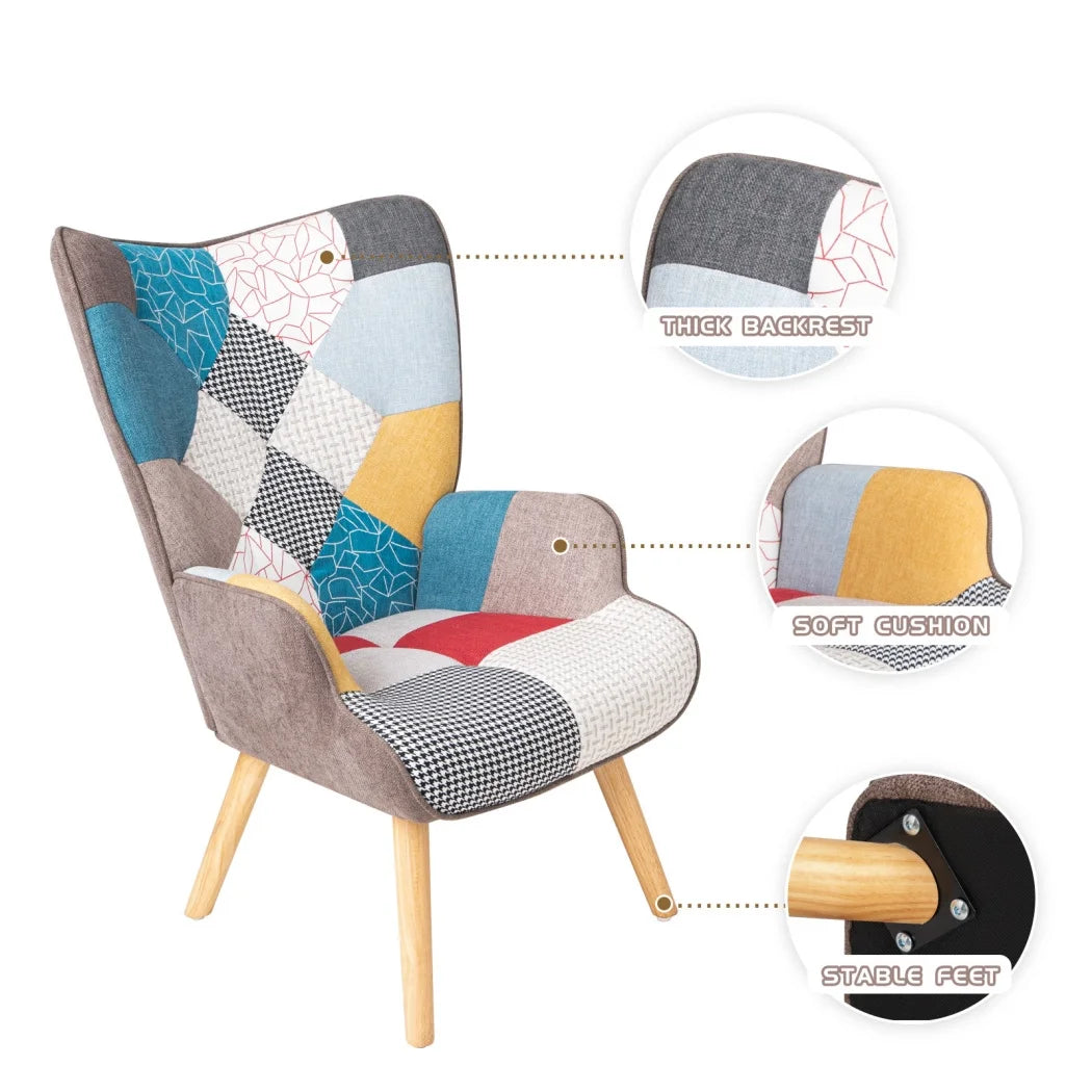 Modern Accent Chair with Solid Wood Legs and High Wing Backrest, Side Chair Set with Ottoman, Comfy Side Armchair for Living Room, Reading Room, Bedroom, Colorful Patchwork