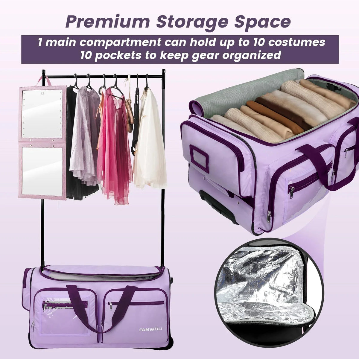 Fegat Dance Bag with Garment Rack - 28"Collapsible Rolling Competition Dance Duffle Bag Lightweight Costume Wheeled Suitcase for Dancers Shows Livestreamer Athletes
