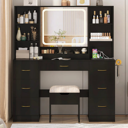 47" Large Vanity Desk with Lighted Mirror & Charging Station, Black Makeup Vanity with 7 Drawers & 6 Shelves, Vanity Set with Cushioned Stool