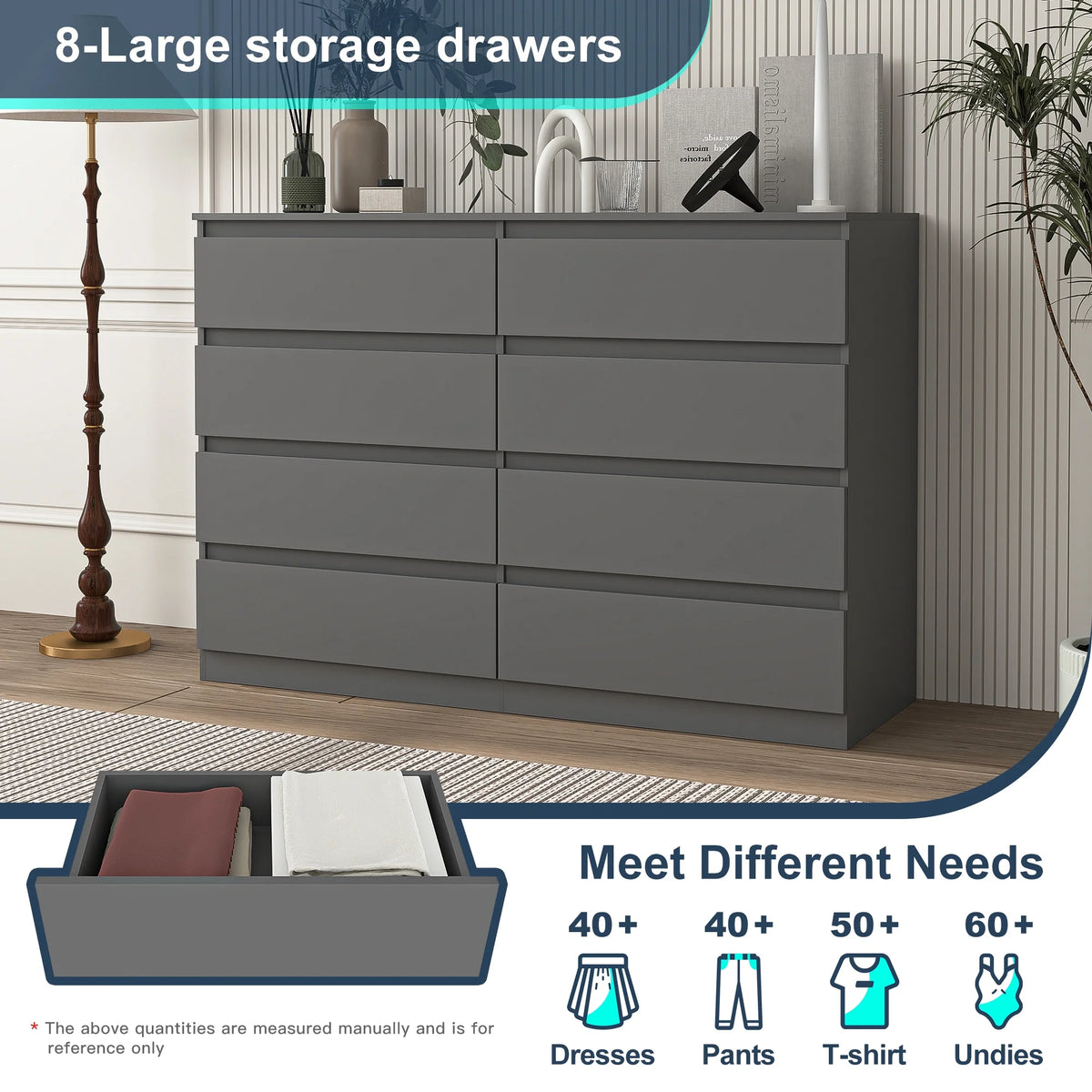 Resenkos Modern Mid Century 6 Drawer Wide Dressers Chests for Bedroom, Chest of Drawer Organizer Grey