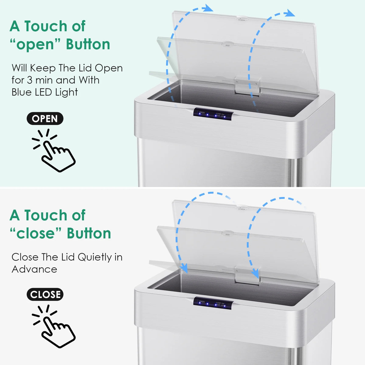 LAZY BUDDY 60 Liter / 16 Gallon Stainless Steel Motion Sensor Trash Can for Kitchen, Bathroom, Rectangular