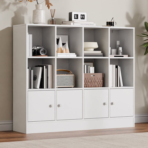 Cozy Castle 3-Tier Open Cube Bookcase with 12 Cubes and 4 Doors, Adjustable Shelves, White