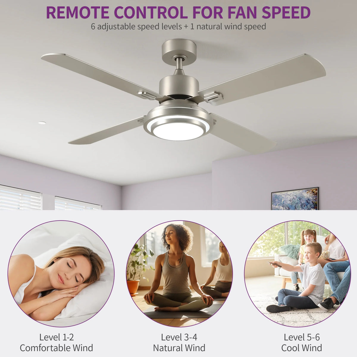 Dextrus 52'' Ceiling Fan with Light and Remote Control, 6 Speeds, 5 Timer Settings, and Dual-Finish Blades (Nickel)
