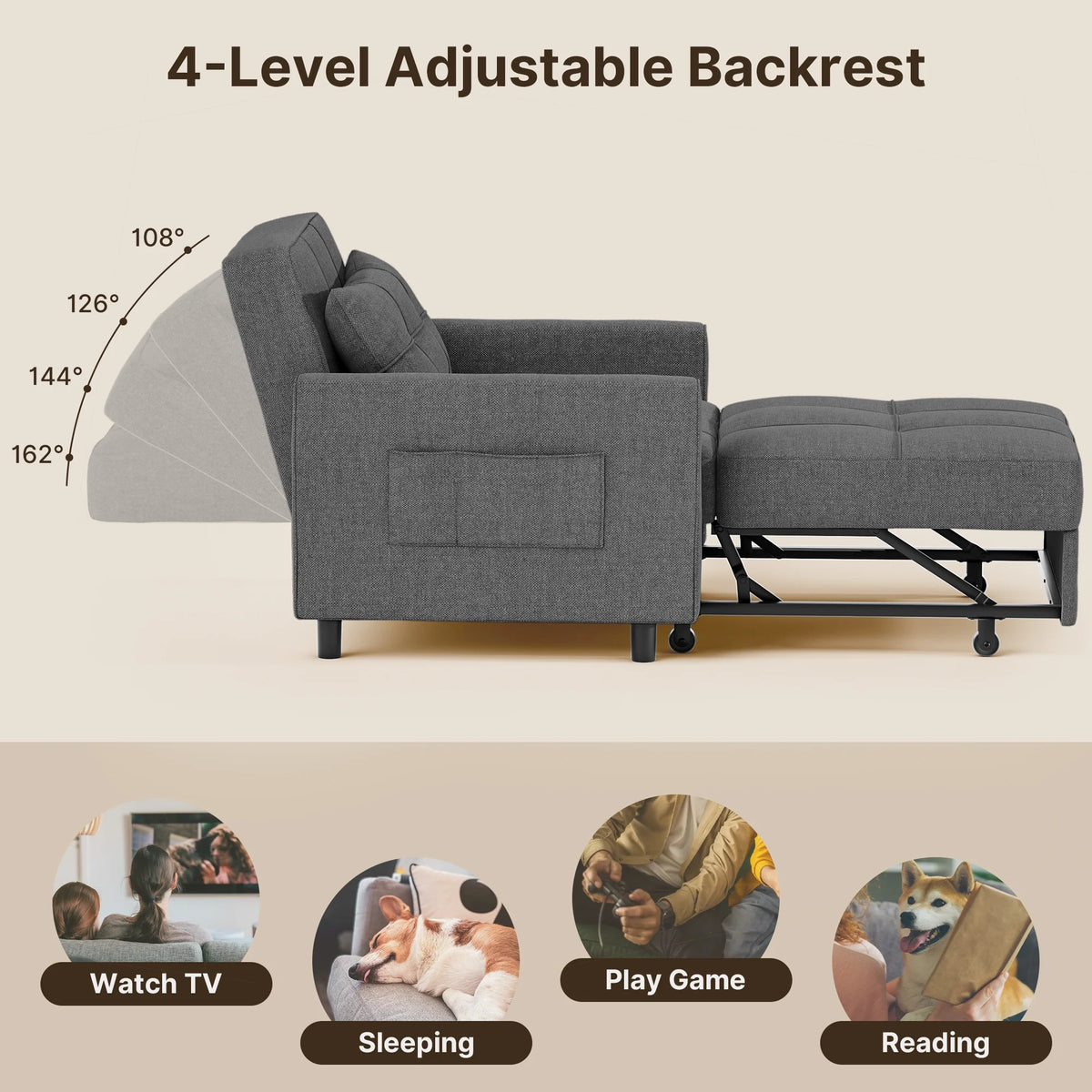 3 in 1 Convertible Sofa Bed Chair for Living Room , Aiho Sleeper Sofa Bed for Living Room, Dark Gray