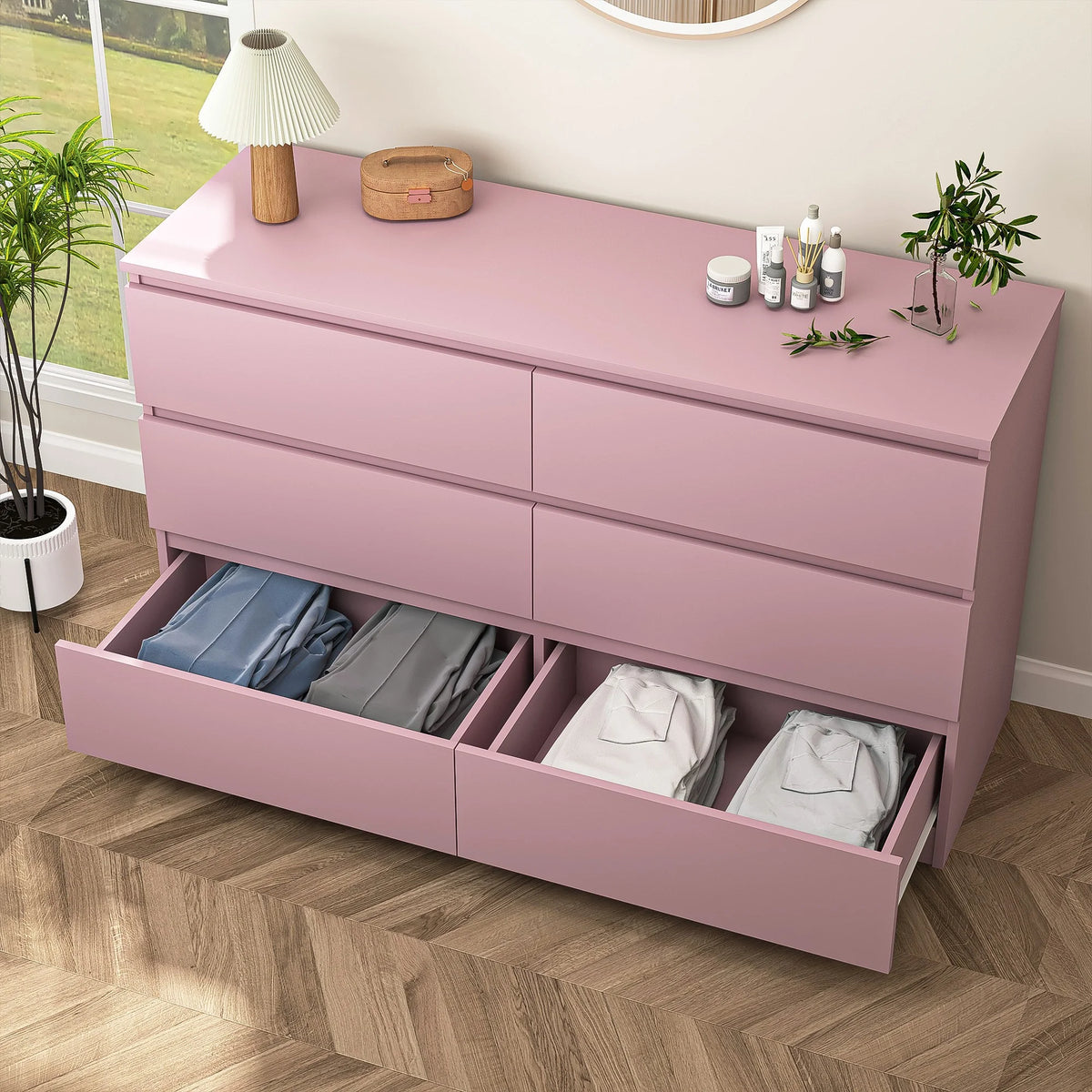 Resenkos Modern Mid Century 6 Drawer Wide Dressers Chests for Bedroom, Chest of Drawer Organizer Grey