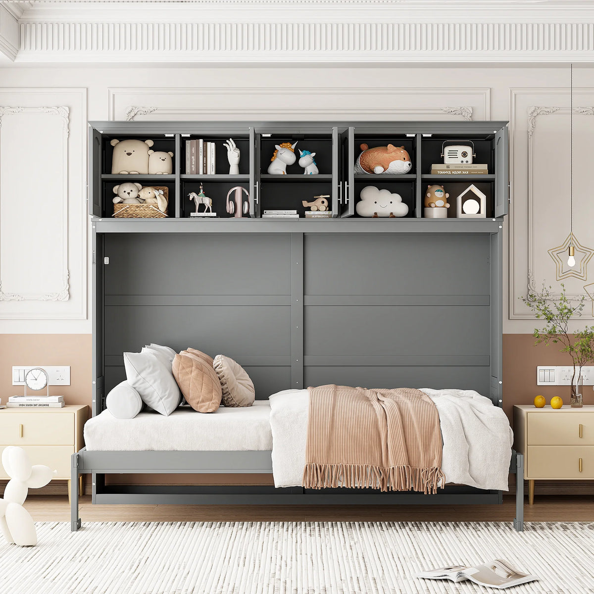 Newest Queen Size Murphy Bed Wall Bed with Top Cabinets,Gray