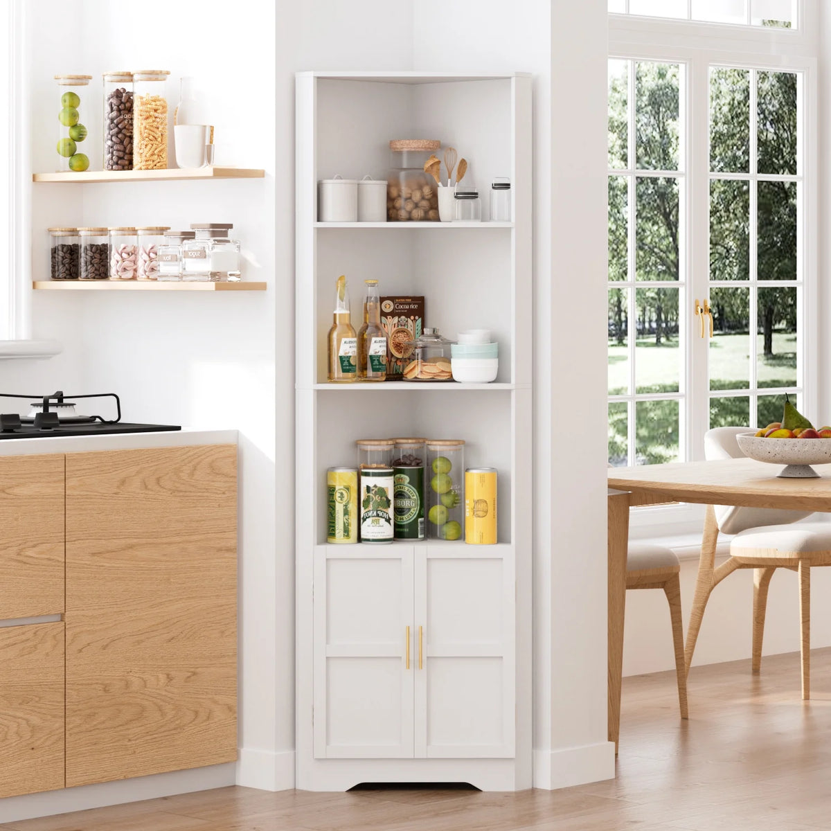 67'' Tall Corner Storage Cabinet with 2 Barn Doors for Living Room, Kitchen, Bathroom, Laundry Room, White