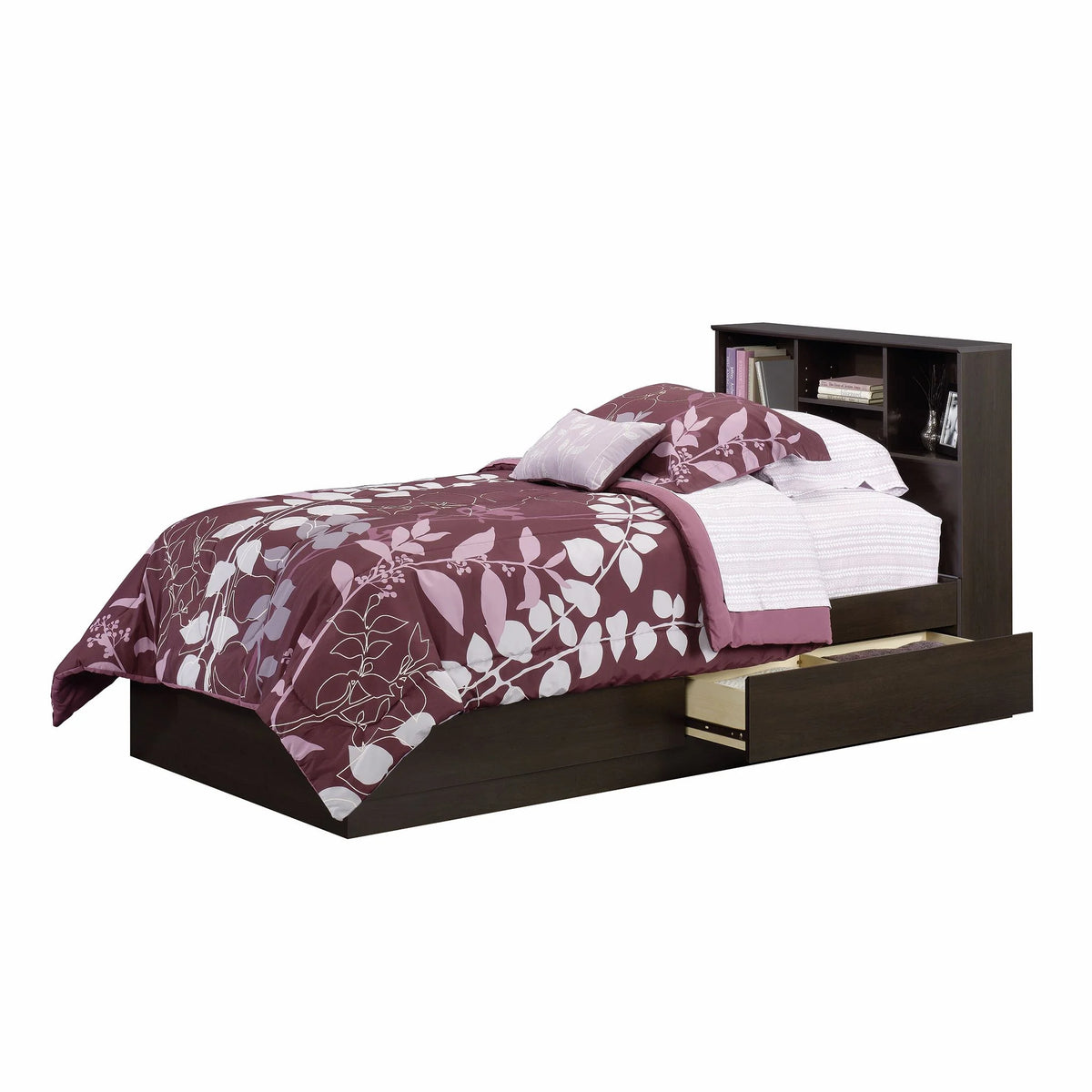 Your Zone Easy to Assemble Storage Bed with Bookcase Headboard, Twin, Natural Teak Finish