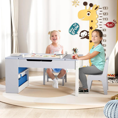 LAZY BUDDY Kids Art Table and 2 Chairs Set, 2 in 1 Easel & Toddler Craft Table and Chairs Set with Storage Bins, Paint Cups and Paper Roll, Activity Table Set for Children 3+