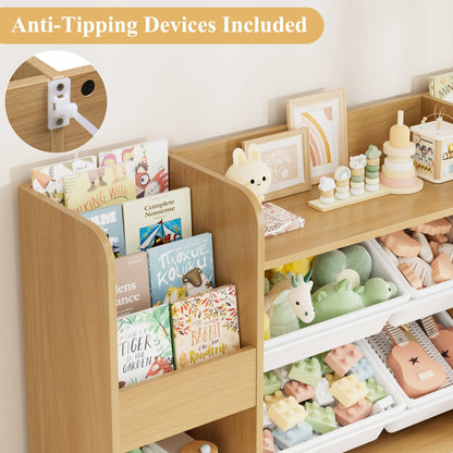Hiphuta Kids Bookcase Toy Storage Organizer, Wooden Toy Organizer of 4 Bins& 2 Removable Drawers for Home Bedroom, Kids Bookshelf Toy Box with Book Rack, White