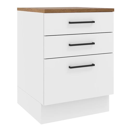 Madesa Hazel Kitchen Storage Base Cabinet with 3 Drawers 23 Inch Wide Engineered Wood Painted Finish Floor Mount Removable Plinth - White