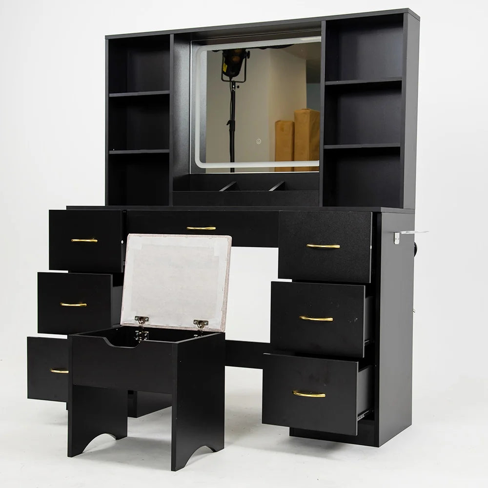 47" Large Vanity Desk with Lighted Mirror & Charging Station, Black Makeup Vanity with 7 Drawers & 6 Shelves, Vanity Set with Cushioned Stool