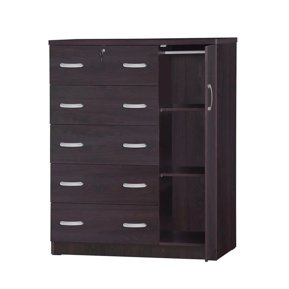 Better Home Products JCF Sofie 5 Drawer Wooden Tall Chest Wardrobe in Mahogany