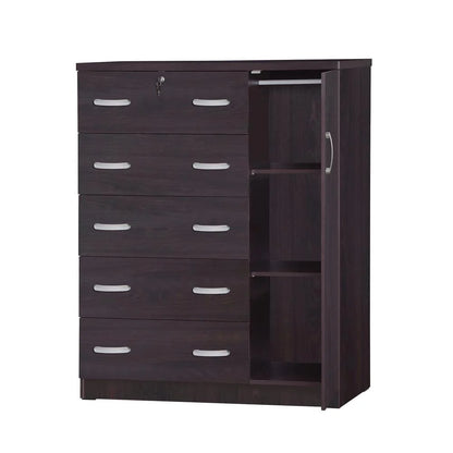 Better Home Products JCF Sofie 5 Drawer Wooden Tall Chest Wardrobe in Mahogany