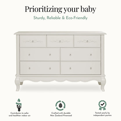 Evolur Aurora 7-Drawer Double Dresser in Ivory Lace, Spacious Drawers