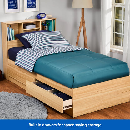 Your Zone Easy to Assemble Storage Bed with Bookcase Headboard, Twin, Natural Teak Finish