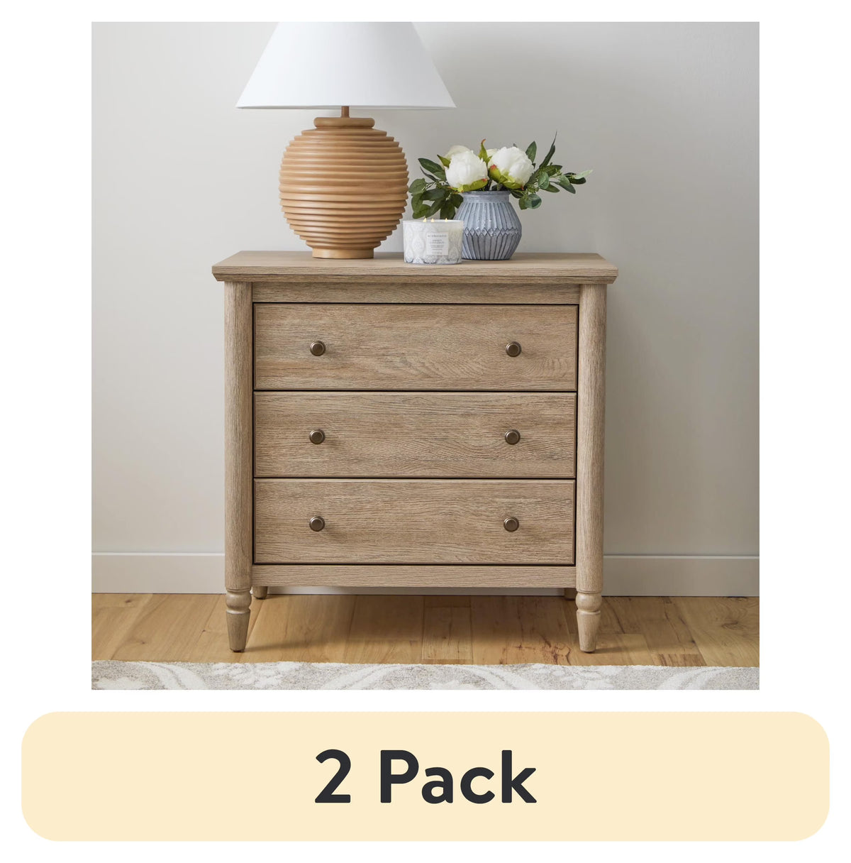 My Texas House Monroe 3 Drawer Nightstand with USB, Brushed Oak Finish