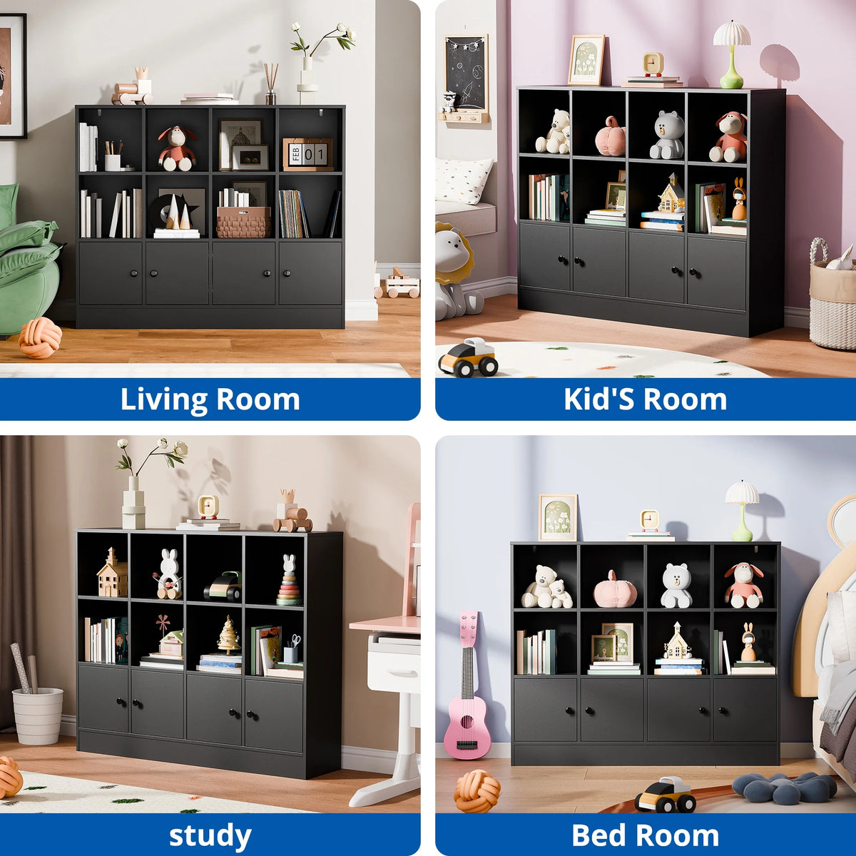 Cozy Castle 3-Tier Open Cube Bookcase with 12 Cubes and 4 Doors, Adjustable Shelves, White