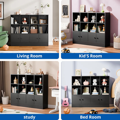 Cozy Castle 3-Tier Open Cube Bookcase with 12 Cubes and 4 Doors, Adjustable Shelves, White