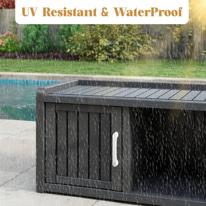 KAMABOKO Outdoor Shoe Storage Cabinet, Waterproof UV-Resistant Entryway Storage Bench Indoor Outdoor with 2 Barn Doors, Adjustable Shelves for Entryway, Bedroom, Hallway,Living Room(Black)
