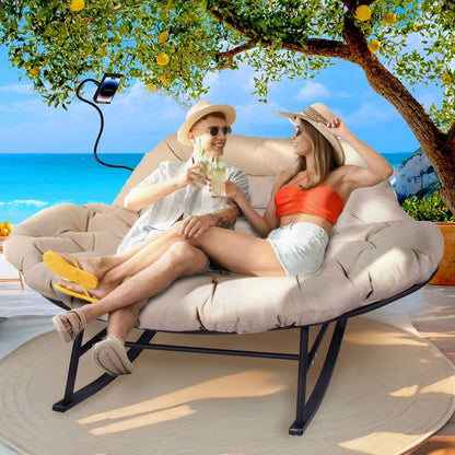 Outdoor Loveseat Rocking Chair with Thicken Cushion and Phone Holder for 2 Person for Garden Patio Yard (Beige)